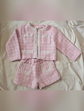 Doe A Dear Toddler Girls Pink Tweed Jacket and Shorts Set - Classic Two-Piece 4T